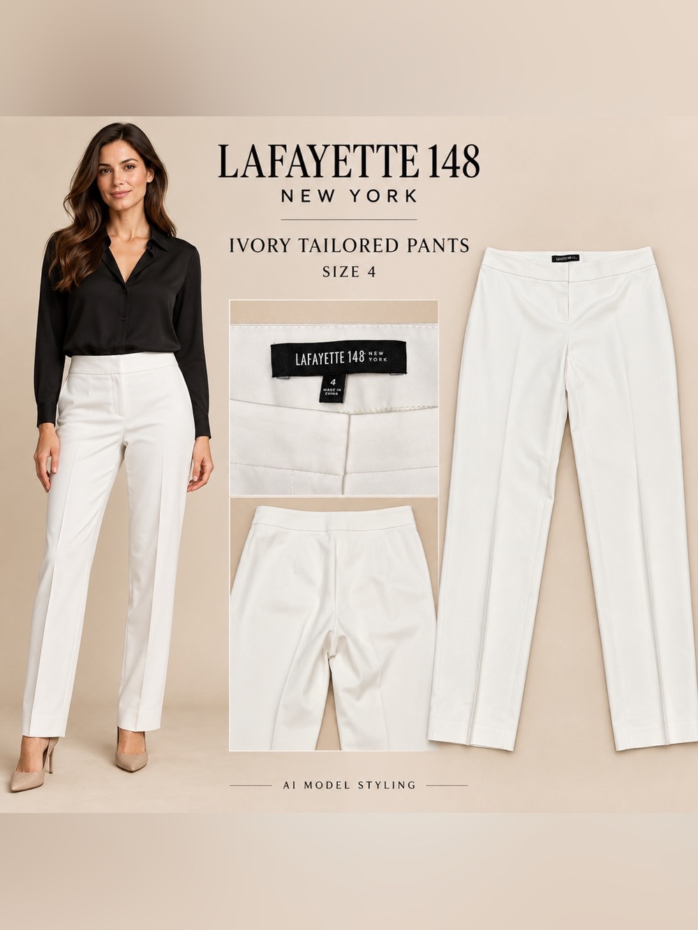 Lafayette 148 New York Ivory Straight-Leg Tailored Trousers Size 4